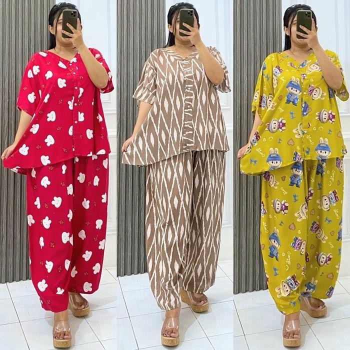 New Oneset Vncek Celana Panjang Kancing Motif Jumbo Ld 130 Setelan Wanita Busui Jumbo Ld130 Piyama