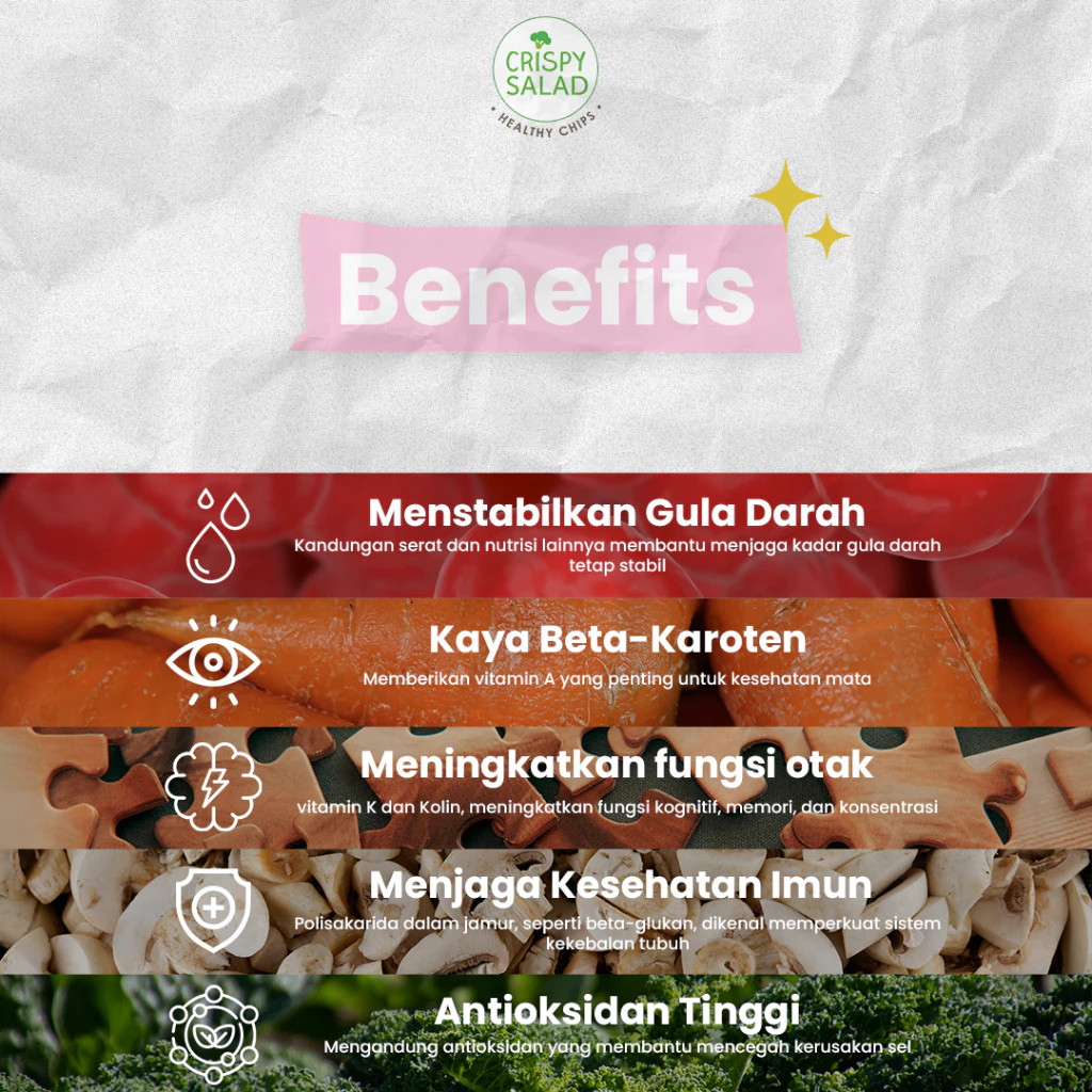 

CRISPY SALAD - Keripik Sayur - Broccoli/Carrot/Edamame/Mixed Tuber/Potato/Okra - Healthy Snack