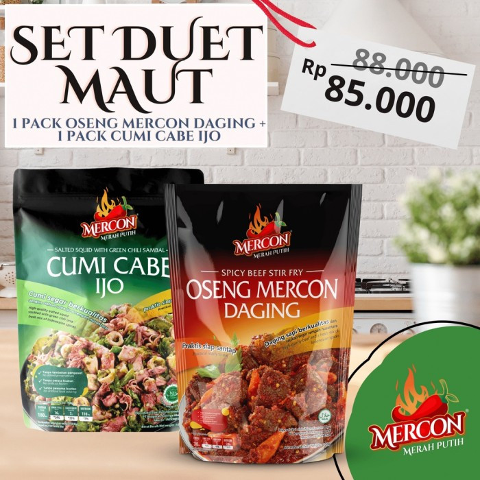 

Sega Tungtung Duet Maut Oseng Mercon Daging + Cumi Cabe Ijo Mercon Merah Putih