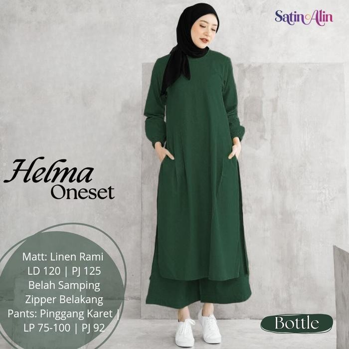 PREMIUM Helma One Set Jumbo Setelan Kulot Tunik Hijau Botol LD 120 Linen Rami Premium Realpict