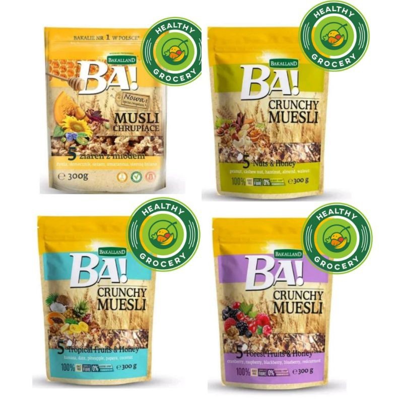 

Bakalland BA! Crunchy Muesli 300gr Sereal 5 Fruits Forest / Nuts chocolate / Tropical Fruits / Seed