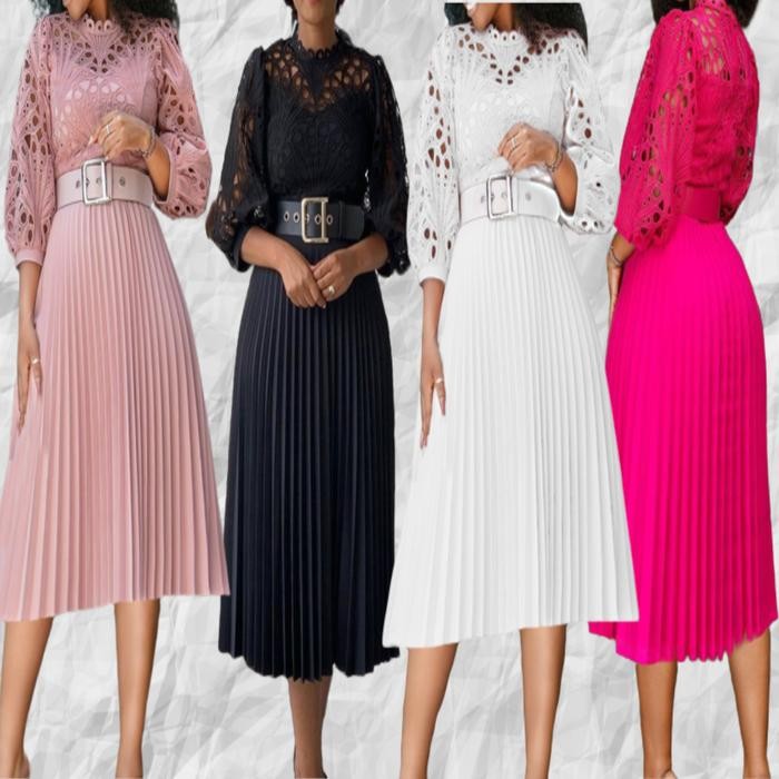 JTTOP" DRESS PESTA WANITA PLISKET MOTIF BROKAT/GAUN FORMAL CANTIK KONDANGAN MEWAH PANJANG HITAM PINK