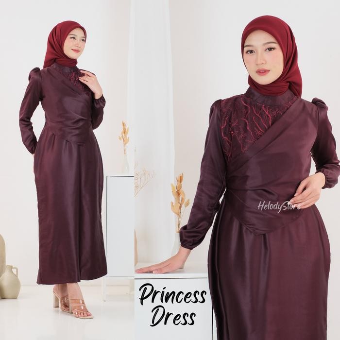 JTTOP" PRINCESS DRESS MAXI SATIN SILK KOMBINASI BROKAT TILE SIMPLE MODERN LENGAN PUFF SLIMFIT GAUN