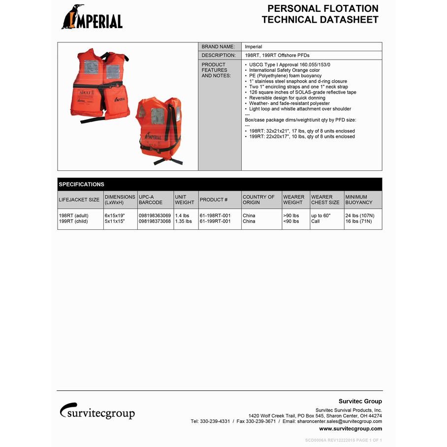 Safety Life Jacket Imperial Usa 198Rt, Basic Offshore Pfd (Pelampung)