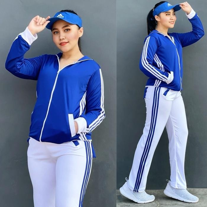 TERMURAH Setelan Baju Se Lapangan Training Biru Putih Zumba Aerobik Hijab Cycling Fitness