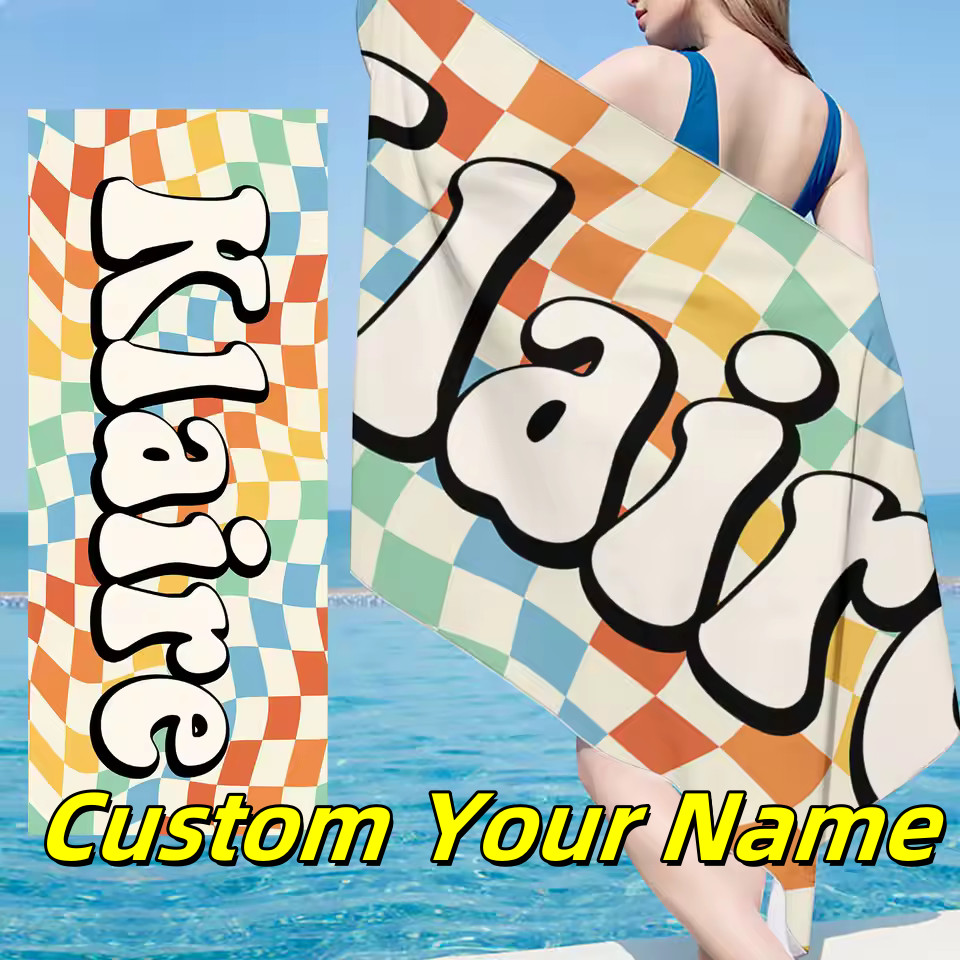 Custom Name Beach Towel Checkerboard Microfiber Bath Towel Personalized Quick-Drying Large Anti-Sand