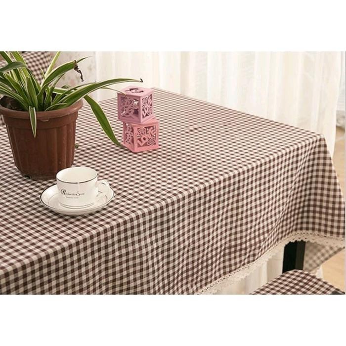 (Allthebest) Taplak meja makan motif kotak 1cm dengan renda Kain Katun
