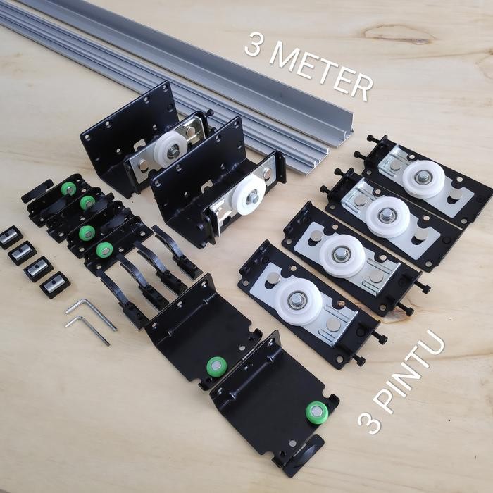 PREMIUM Set Roda Gantung Pintu Sliding Geser Lemari Roda 3 Pintu Rel 3 Meter
