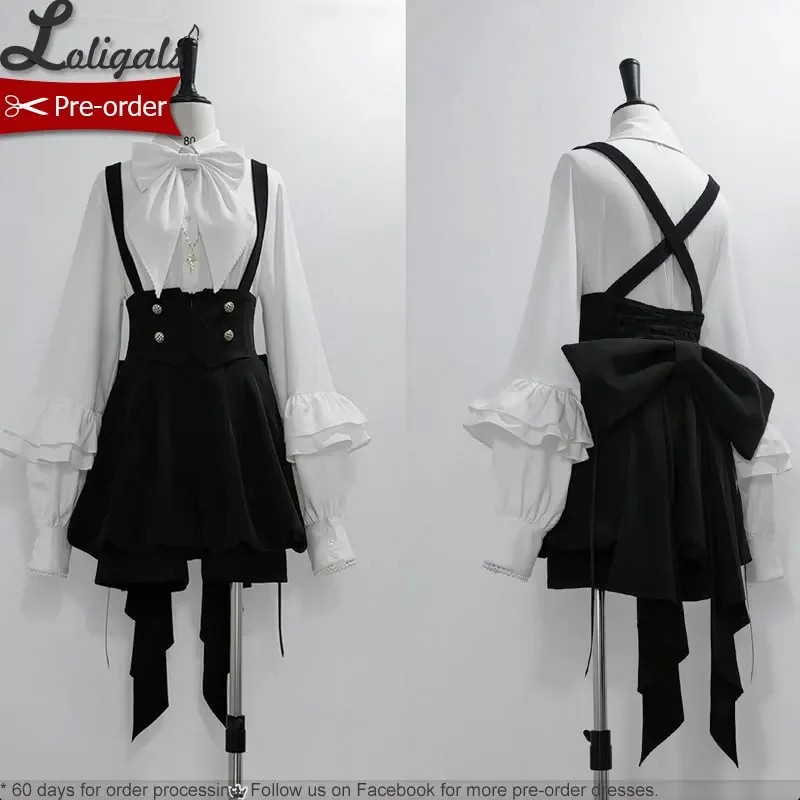 2025 Spring Summer New Stylegothic White Long Sleeve Lolita Shirt Retro Black Ouji Prince Suspender