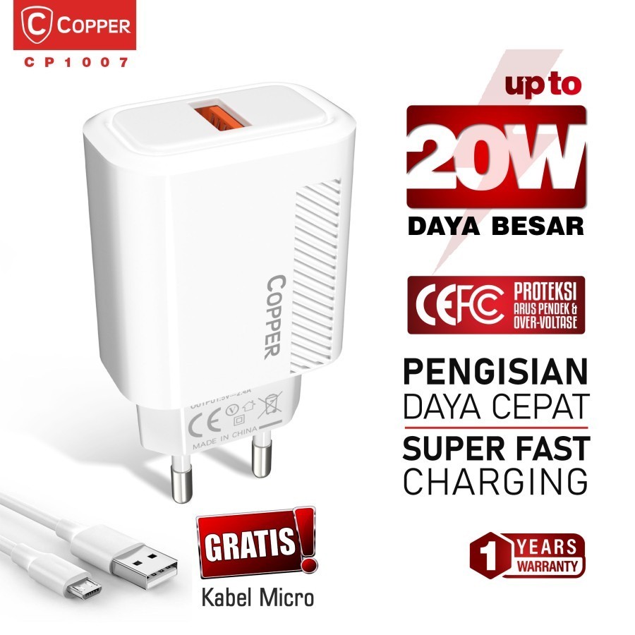 COPPER CP1008 Single Port Charger Up to 20Watt - FAST CHARGING