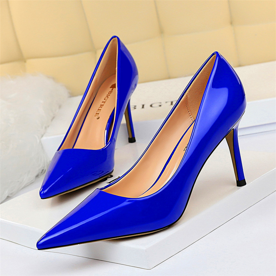 BIGTREE Shoes Autumn Concise Patent Leather Women Shoes Pointed Toe High Heels Ladies Office Dress W