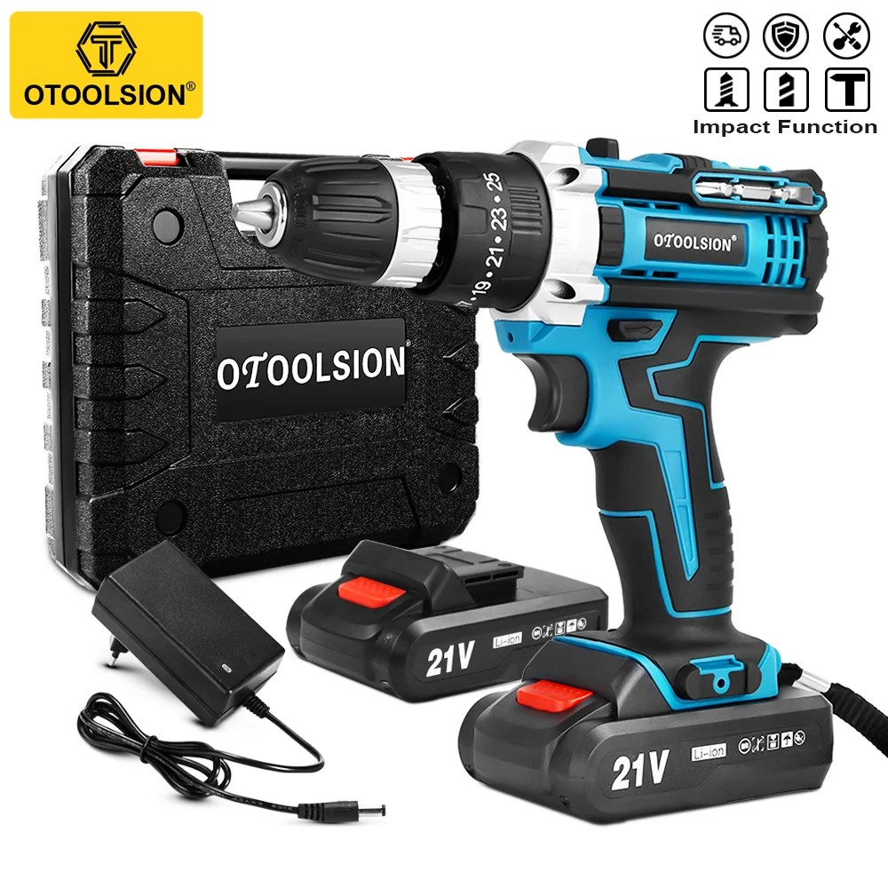 Otoolsion 21V Electric Screwdriver Cordless Drill 2 Speed 25+3 Torque Impact Cordless Drill Lithium