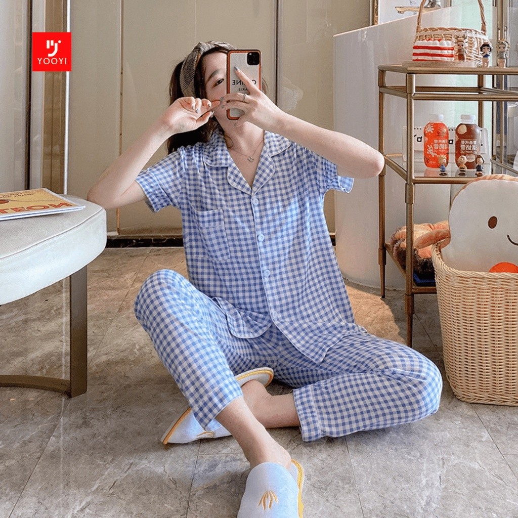 Yooyi Baju Tidur Wanita Piyama Cewek Set Kemeja Lengan Pendek Celana Panjang Style Korea Jumbo