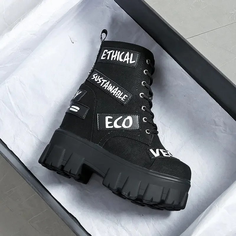 2022 Winter Women Thick Sole Ankle Boots Luxury Platform Canvas Boots Women 9Cm High Heels