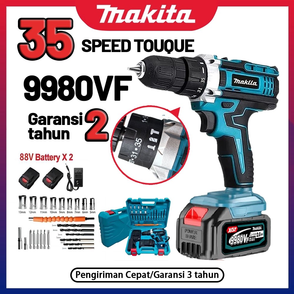 Dekdek store - MAKITA 9980vf Mesin bor 2baterai cas 10mm bor listrik murah bor tangan baterai besi