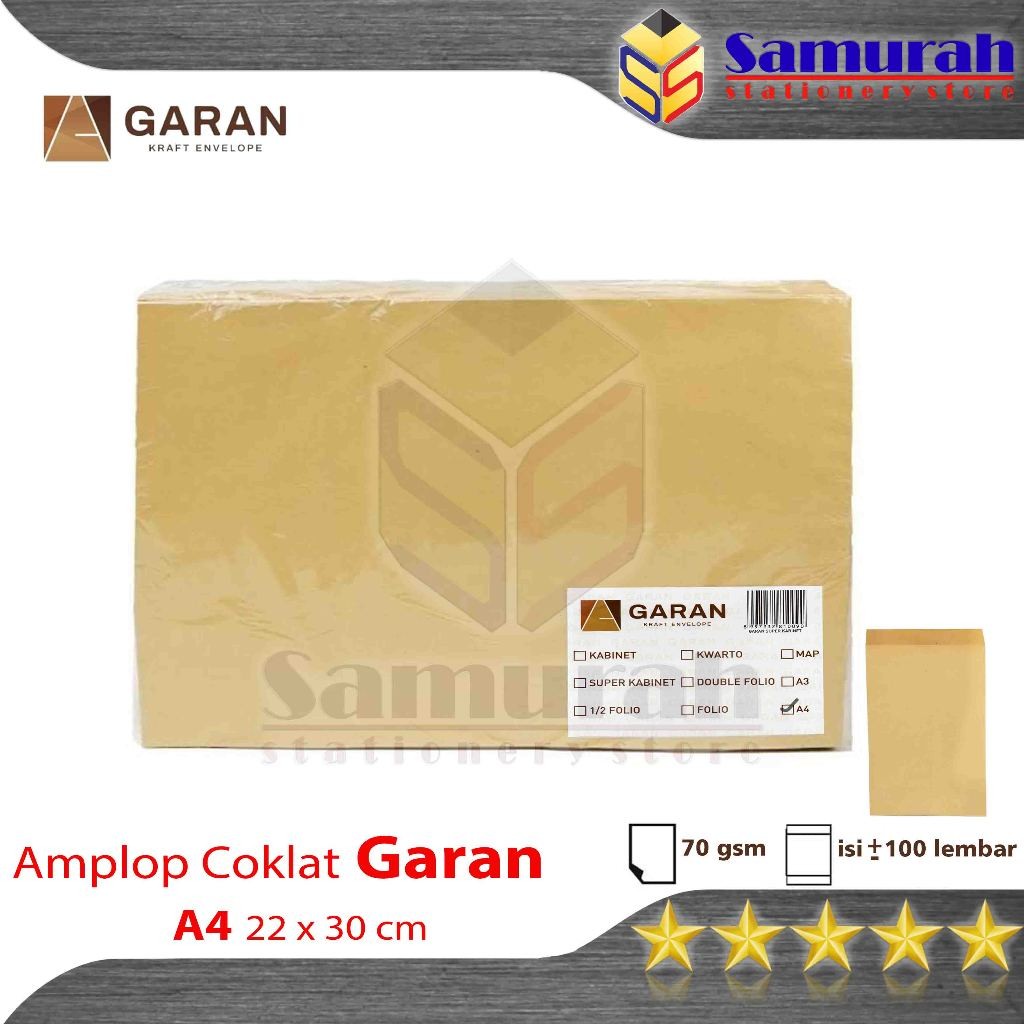 

Amplop Kertas Coklat GARAN Ukuran A4 22 x 30 cm / Amplop Dokumen 22x30 1 Pak Isi 100 Lembar Tebal 70
