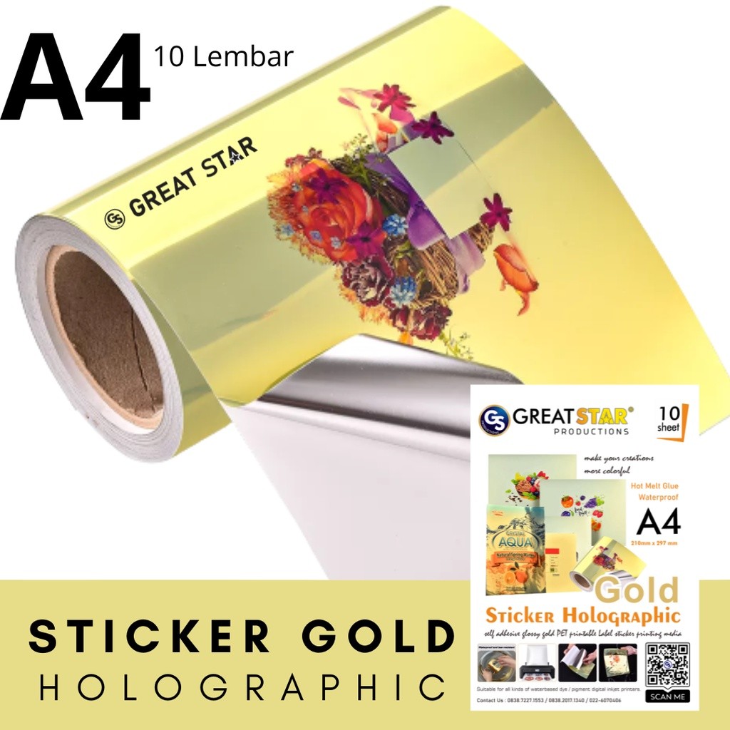 

STICKER GOLD HOLOGRAFIC WATER PROFF !!! A4/10 LEMBAR
