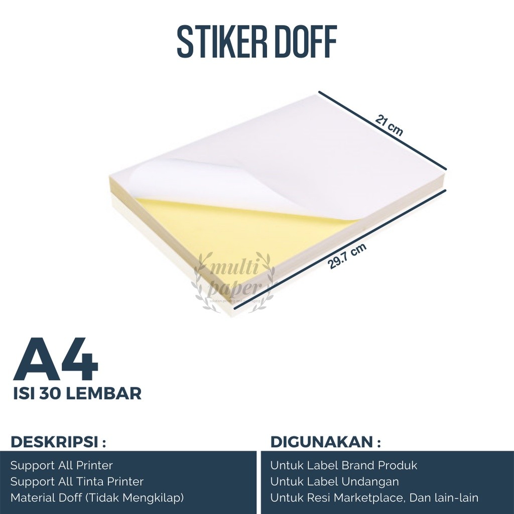 

Kertas Stiker A4 Doff isi 30 lembar / Kertas Sticker A4 Doff / Kertas Stiker / Kertas Sticker