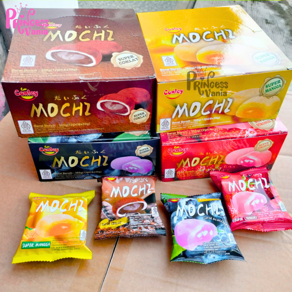 

1 PACK ISI 12PCS CONLEY MOCHI SUPER COKLAT STROBERI BLU PREMIUM 30GR KEMASAN MINI KUE VIRAL WE!!