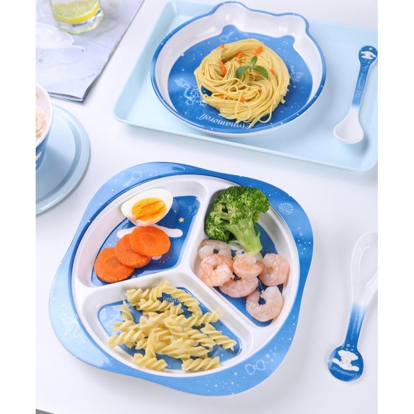 New ` Piring Gelas Sendok Melamin Anak Motif Cinnamoroll / Piring Sekat Anak