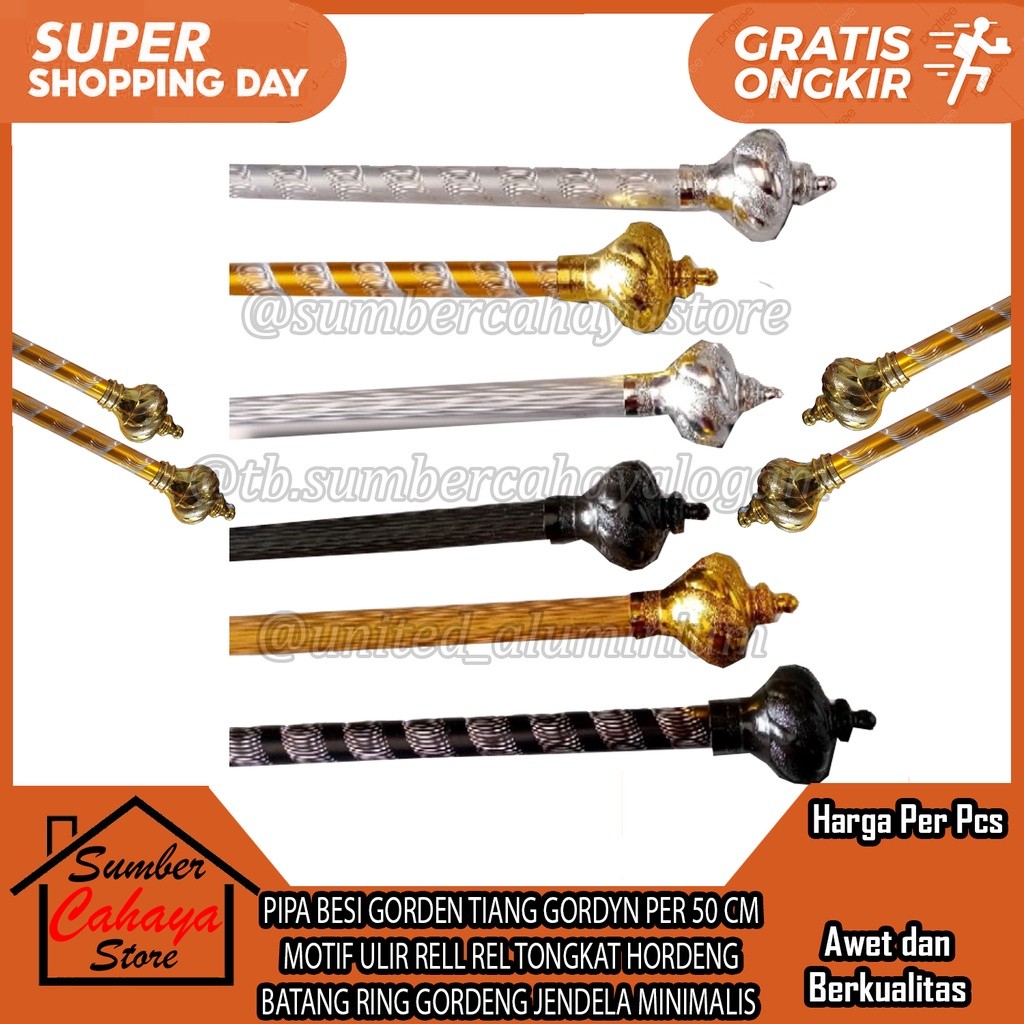 Murah Pipa Besi Gorden Tiang Gordyn Motif Ulir Rell Rel Tongkat Hordeng Batang Ring Gordeng
