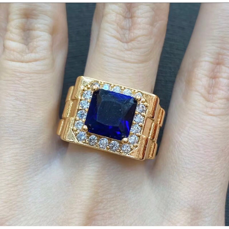 Cincin Pria Kotak Batu Kristal 99LR Biru Titanium Emas 22K