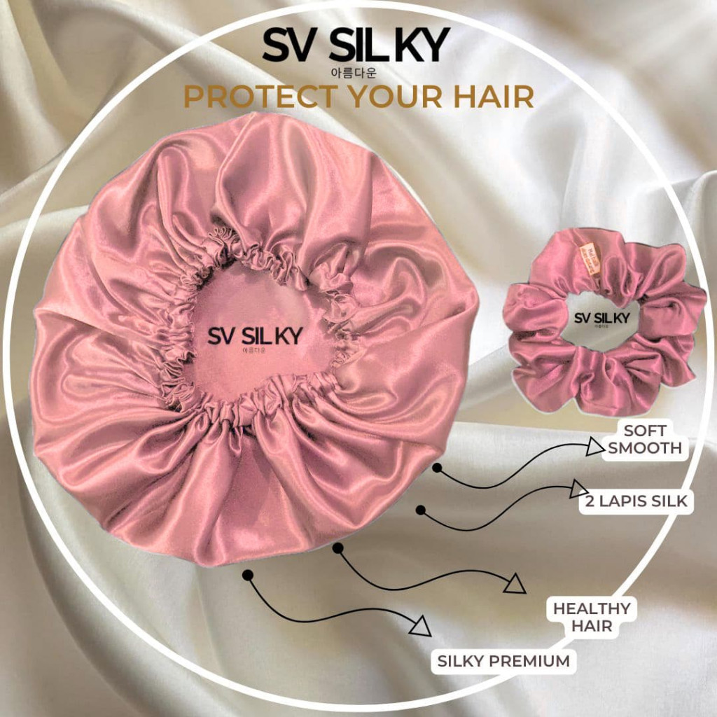 SV Silk Hair Bonnet Premium + Scrunchie Hair Bonnet Night Sleep Hair Sleep Satin Shower Cap Silk