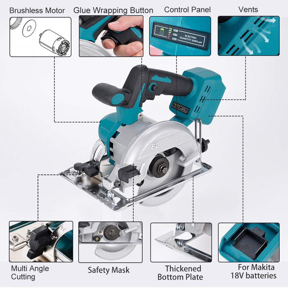 Hormy Brushless Electric Circular Saw 5 Inch 125mm Adjustable Cordless Electric Chainsaw Cutting Too
