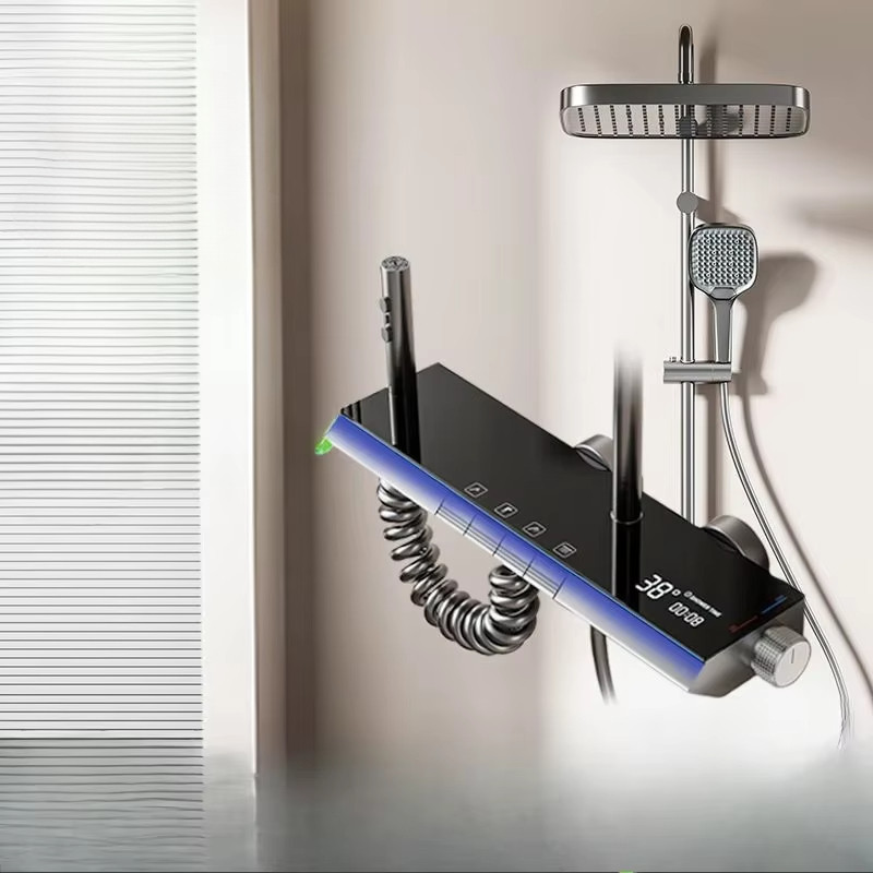 Bathroom Drizzle System Set Space Aluminum Shower System,LED display Matte Gray Pressurized Shower B