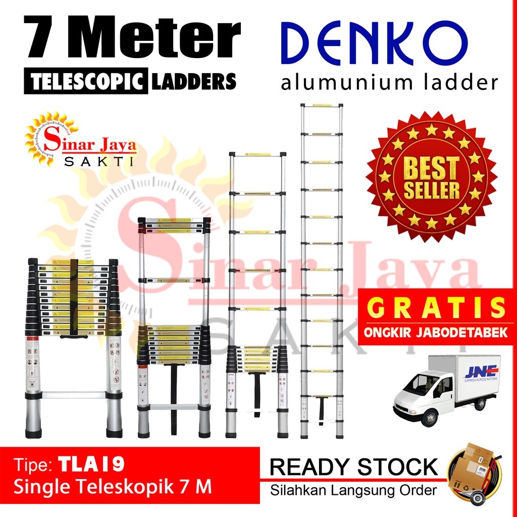 Tangga Lipat Teleskopik 7 Meter Denko TLA19 Tangga Alumunium Teleskopik 7 M Tangga Telkom Rumah