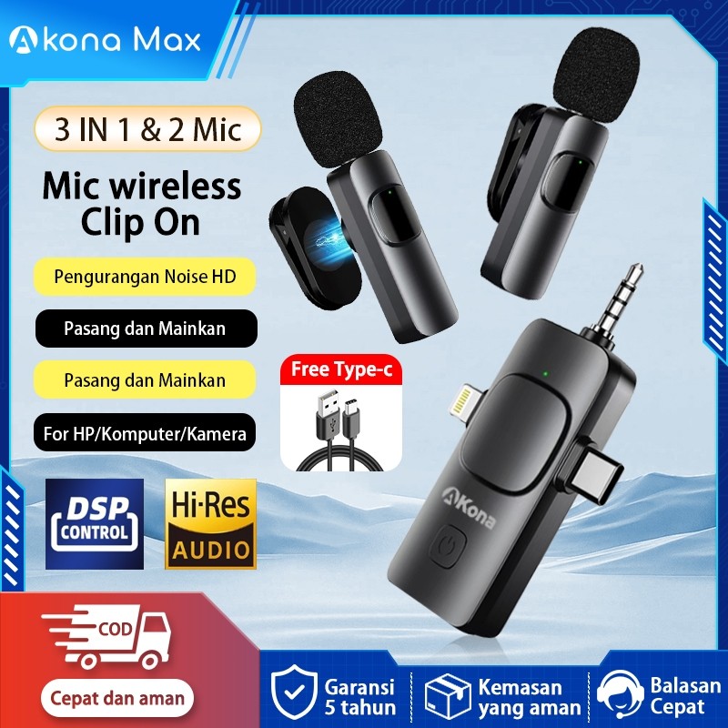 Souyoun - Akona 3 IN 1 Mic Wireless Clip On 2 Microphone Wireless Clip On Noise Reduction Mikrofon