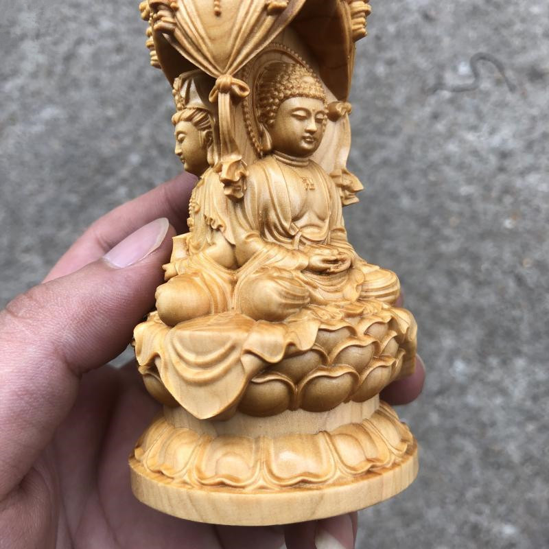 Patung Ukiran Kayu Patung Buddha Tiga Sisi dari Patung Dekorasi Ruangan Tiga Orang Suci Ornamen Deko