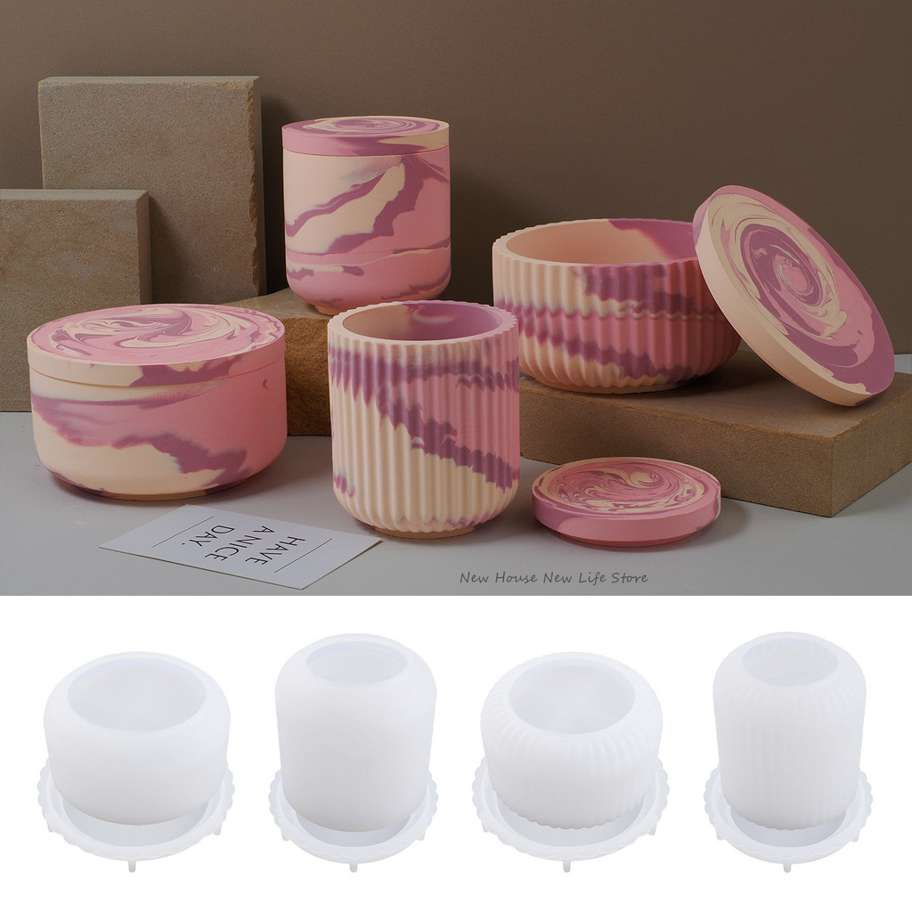 Stoples Lilin Beton Cetakan Silikon Desain Garis Silinder Pot Bunga Cetakan Semen Tempat Pena Penyim