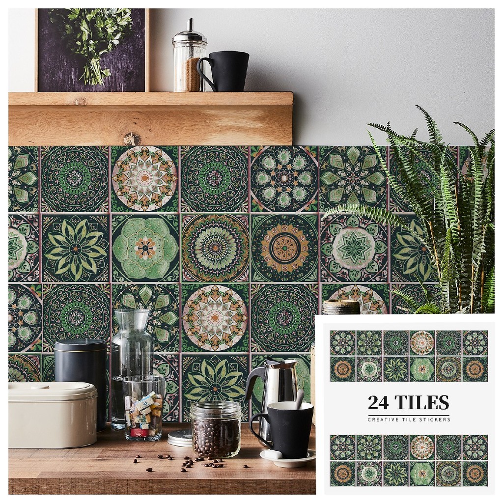 24 Buah Stiker Dinding Ubin Retro Mandala Mural Seni Berperekat Dapur Dekorasi Lemari Kamar Mandi Ta