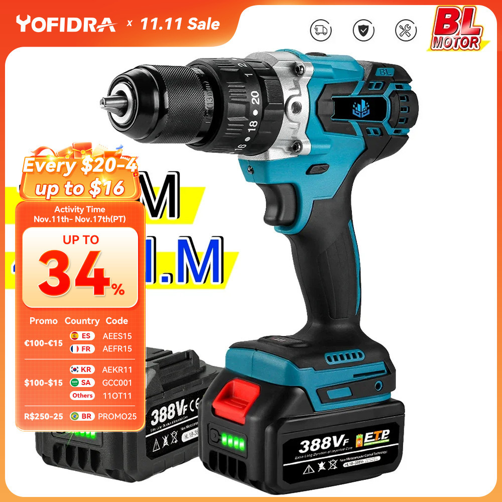 Obeng Bor Elektrik Tanpa Kabel Bor Palu Torsi 13Mm 20 ​​+ 3 480N.M untuk Alat Baterai Makita 18V