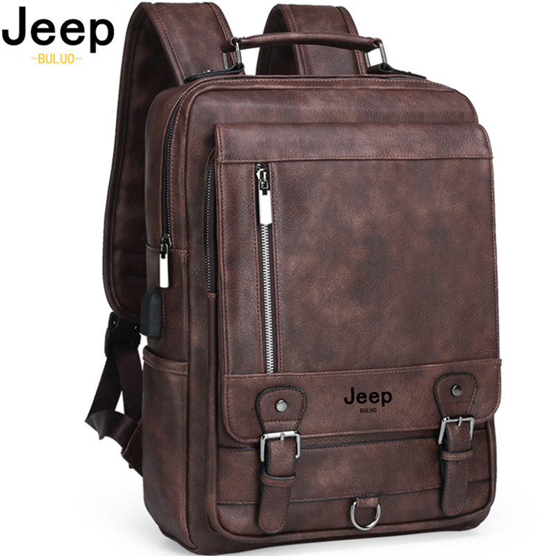 Jeep Buluo Fashion Leather Men Backpack Business Male 15.6" Laptop Bag Daypacks Large Capacity