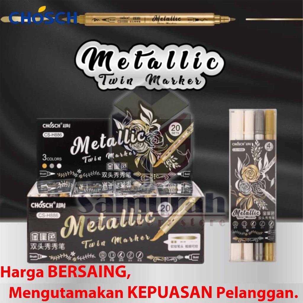 

Spidol Metalik Chosch CS H886 Set isi 4 pcs / Metallic Twin Marker Brush & Bold Warna Putih - White