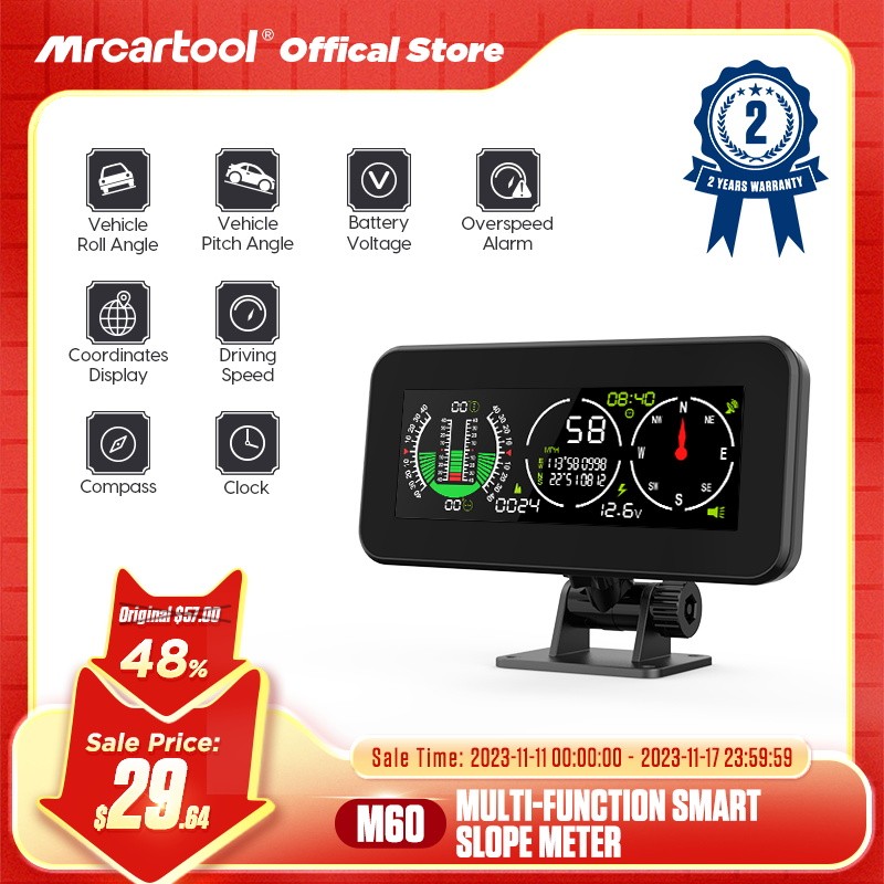 MR CARTOOL M60 Kompas Mobil Inclinometer Speedometer GPS Kecepatan Kemiringan Digital Tilt Meter Aks