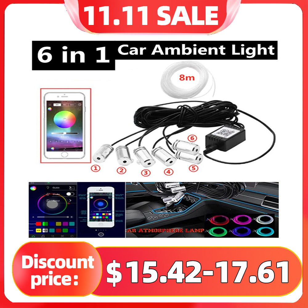 Lampu Mobil Suasana LED RGB 6 In 1 Lampu Sekitar Interior Lampu Strip Serat Optik dengan Kontrol Apl