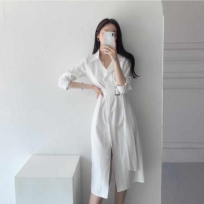 Siena Dress Korean Blazer Formal Kerja Kerah Basic Simple Polos Button Busui Kancing Midi Lengan