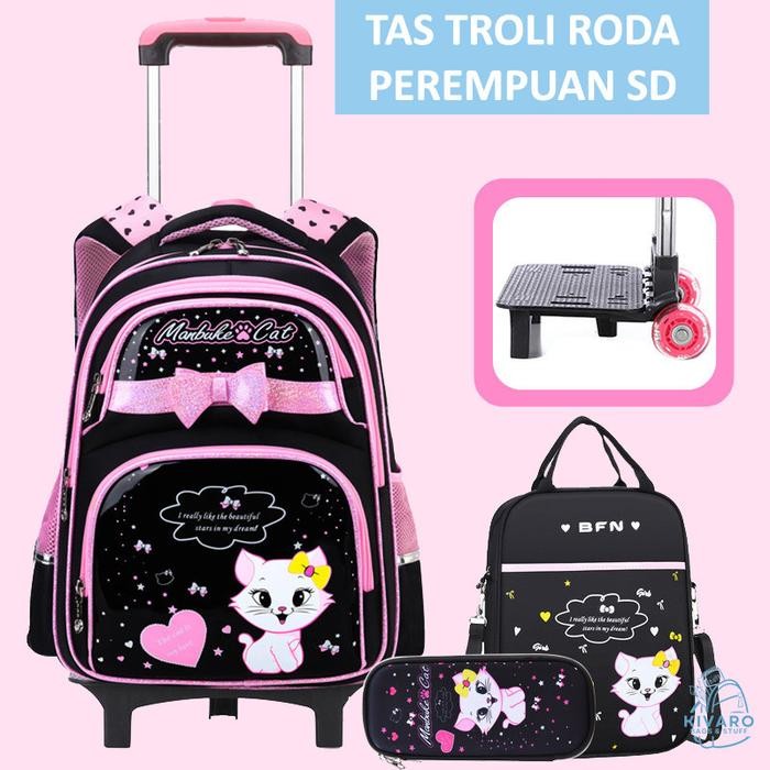 Tas Troli Roda Anak Perempuan Sd Bisa Lepas Pasang Cat Black Pink Dapat Slingbag & Kotak Pensil