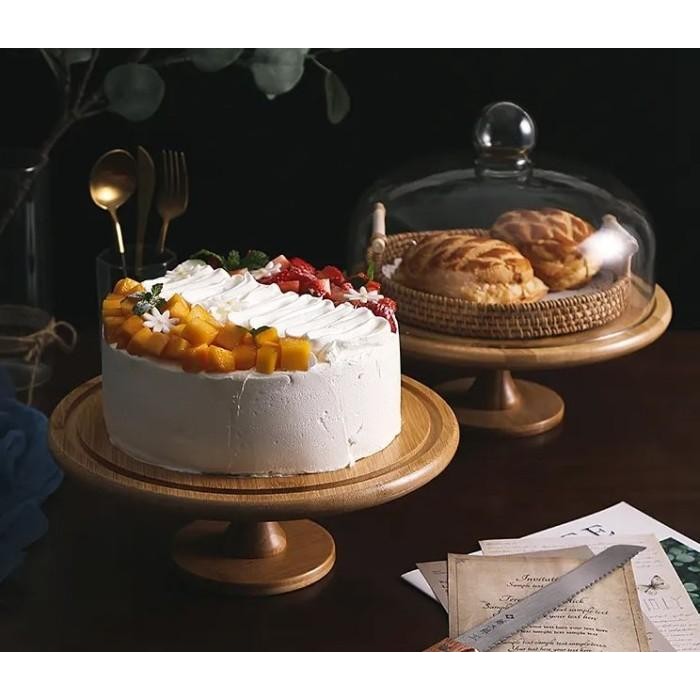 Wood Cake stand Display with glass cover Tempat kue dengan tutup kaca extra besar