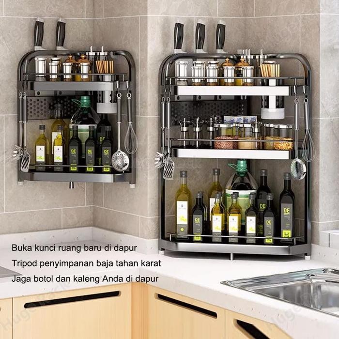 PREMIUM Rak Bumbu Dapur Stainless Steel Rak Dapur Triangle Rak Sudut Rak Pisau Rak Penyimpanan