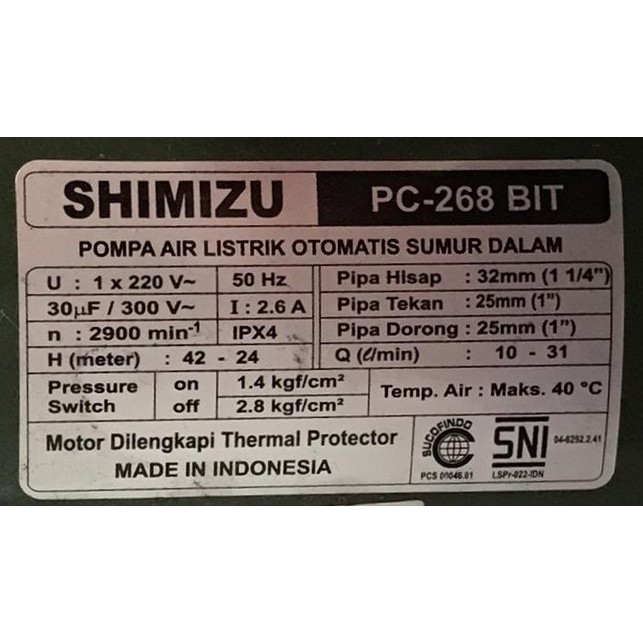 SHIMIZU PC 268 BIT POMPA AIR SUMUR DALAM OTOMATIS