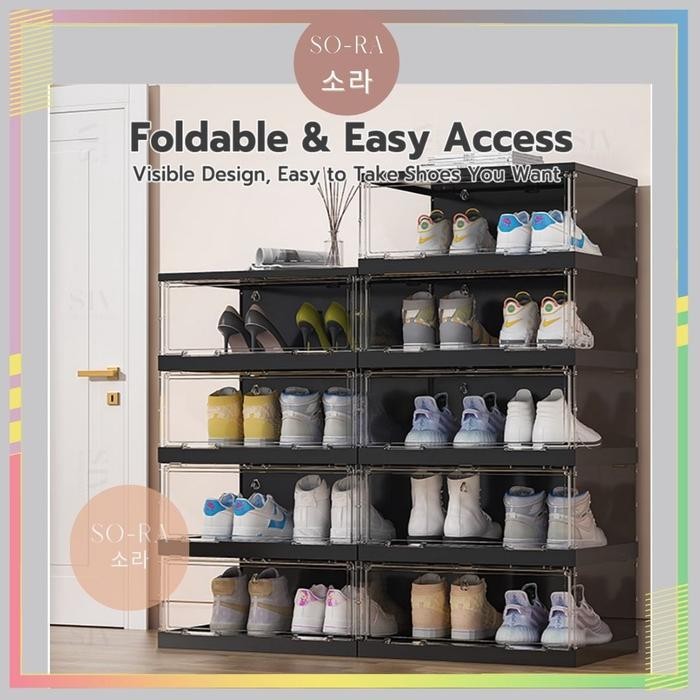 SORA Rak Sepatu 9 Tingkat 6 Tingkat Lipat Kokoh Rak Serbaguna Transparan Pintu Magnet Rak Serbaguna
