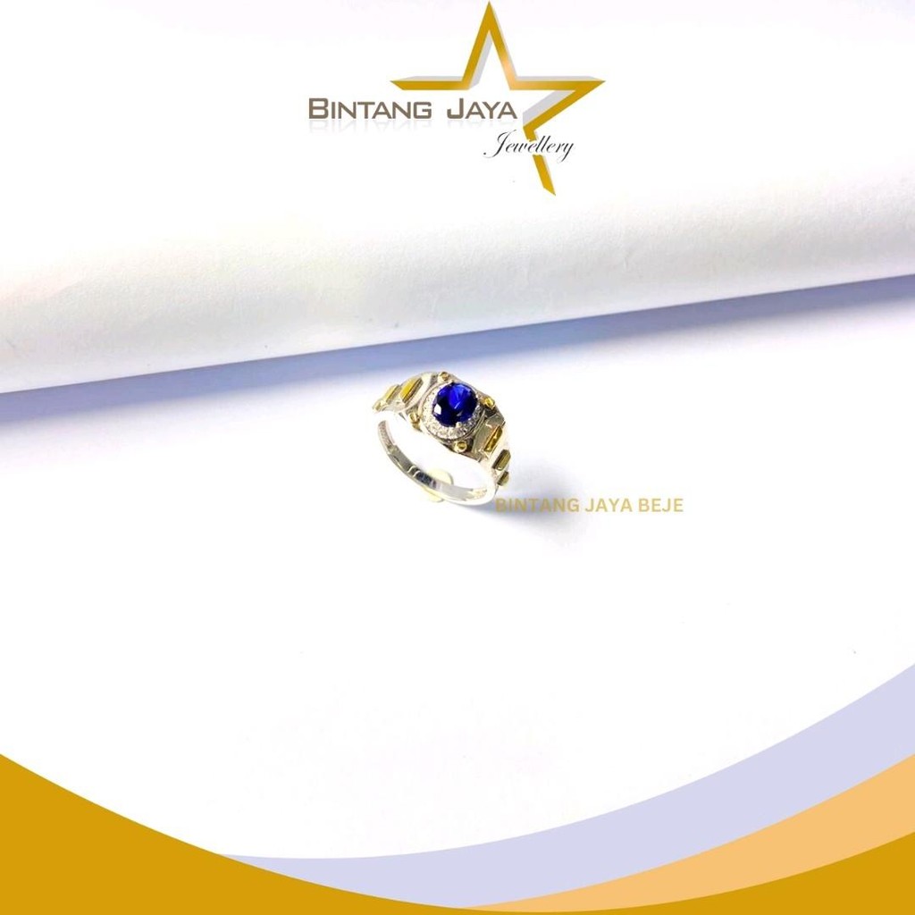 Cincin Emas Asli Pria - Batu Biru M Putih Whitegold - Kadar (17K) -  | 5,93 Gram | Ukuran 22 - Kombi