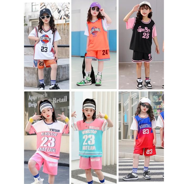 PREMIUM Baju anak impor Jersey kostum basket pakaian perempuan pink setelan basketball lengan