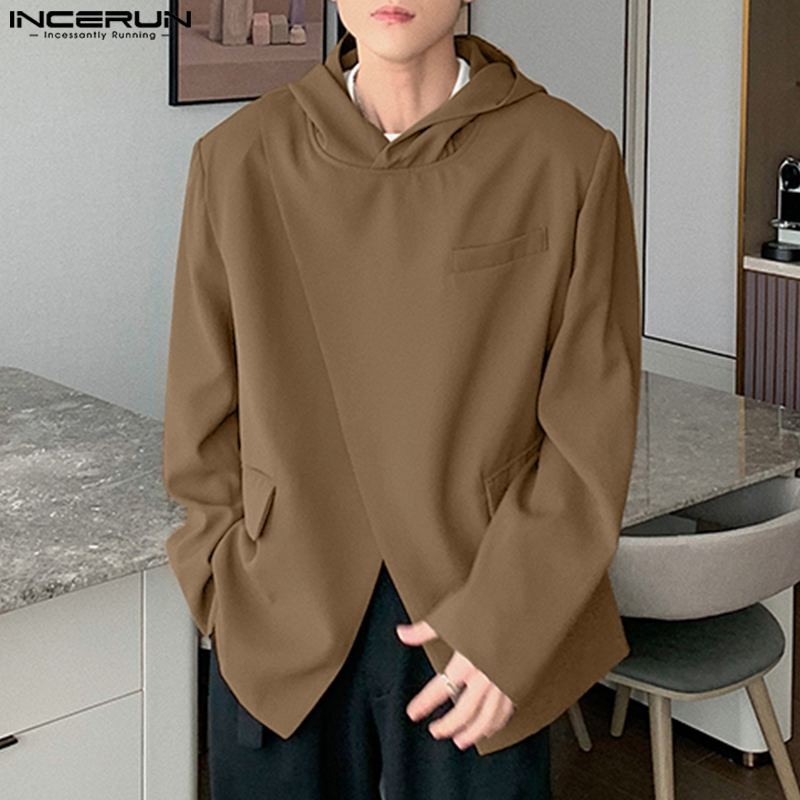 Incerun Men Blazer Solid Color Hooded Loose Casual Suits Men Streetwear 2024 Fashion Leisure Male