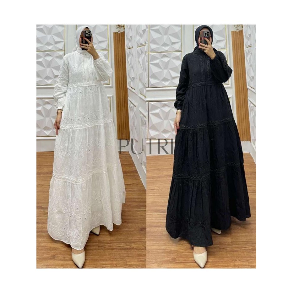 Putri.Atelier - Azalea Dress Gamis Katun Bordir Bolong Katbol Umroh Hitam Putih Cantik Kekinian