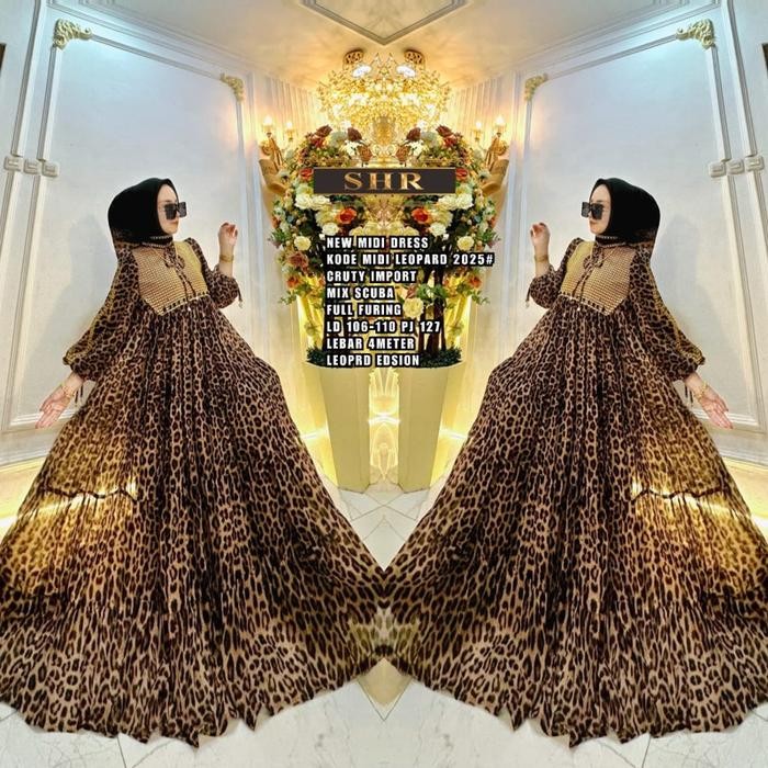 New Midi Dress Motif Leopard Import Ori Shr Katun Sutra